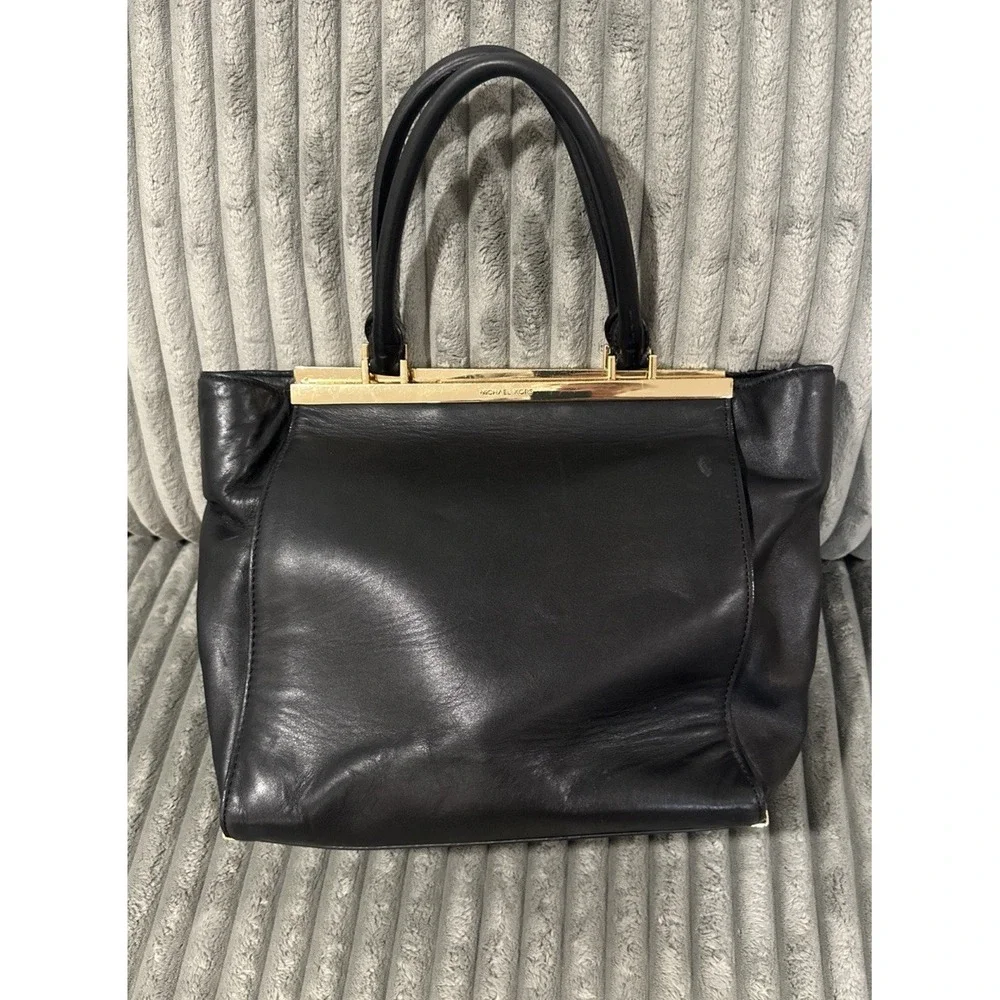 Michael Kors Black Leather Satchel Handbag Gold Tone Hardware Top Double Handles